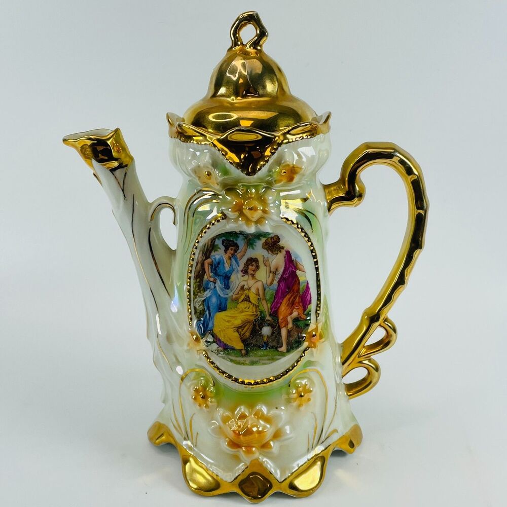 Antique Rococo German Ceramic Coffee Pot Three Graces Gold Gilt Porcelain 9.5”